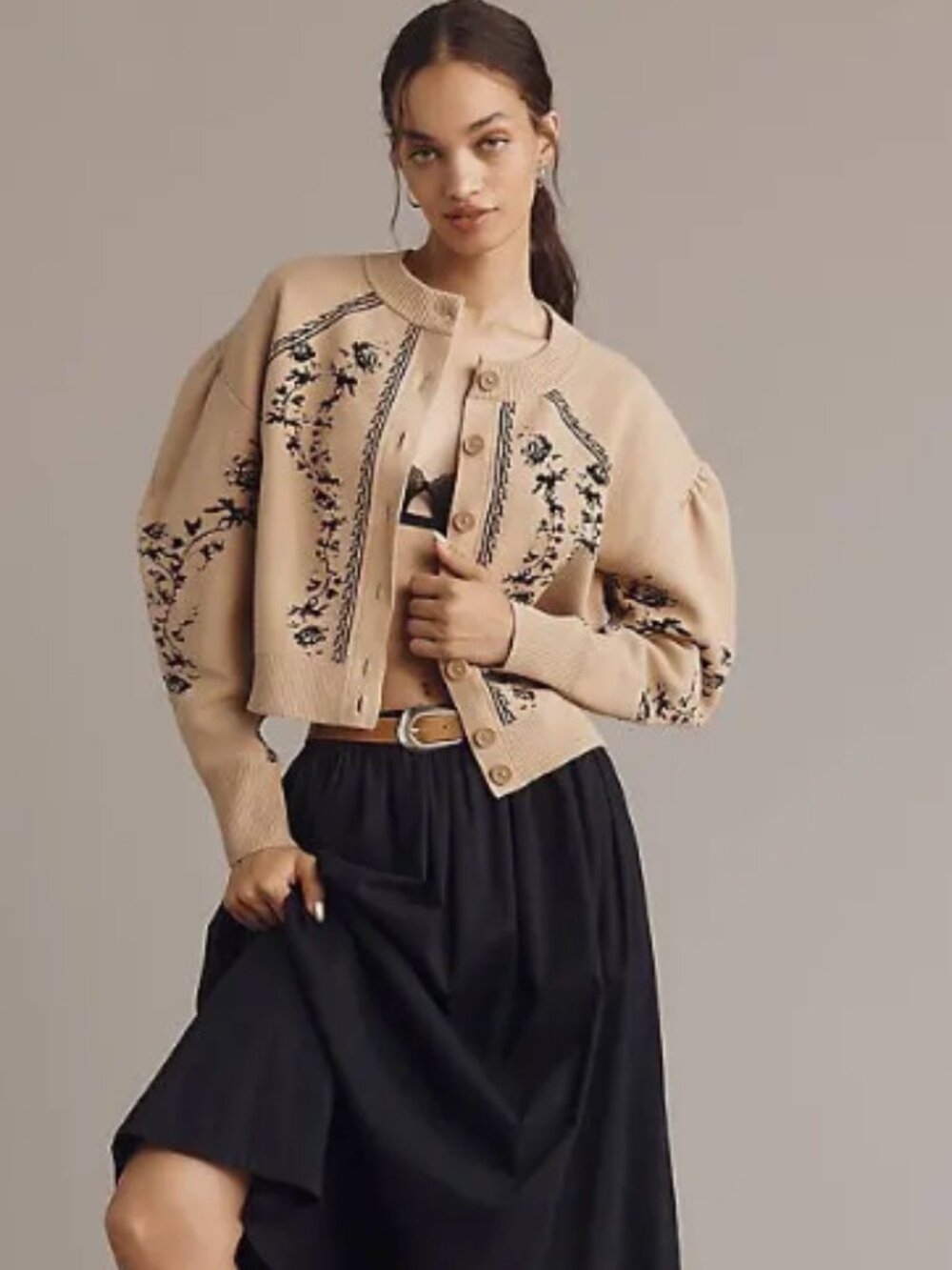 Anthropologie Embroidered Cardigan XS | Tan Floral Knit | Feminine Puff Sleeve - Picture 15 of 15
